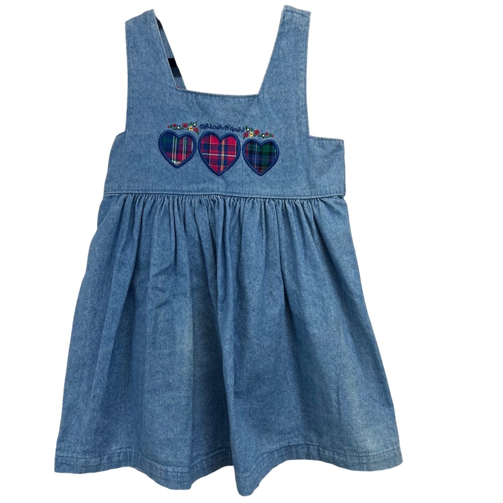 Vintage 90s Oshkosh B'gosh Girls Denim Heart Plaid‎ Pinafore Jumper Dress Size 6